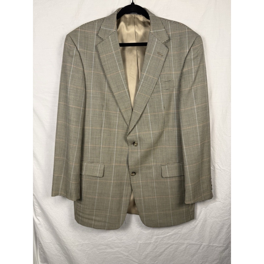 Hart Schaffner Marx Men 42L Wool Blazer Tan Blue Plaid Two Button Sport Coat